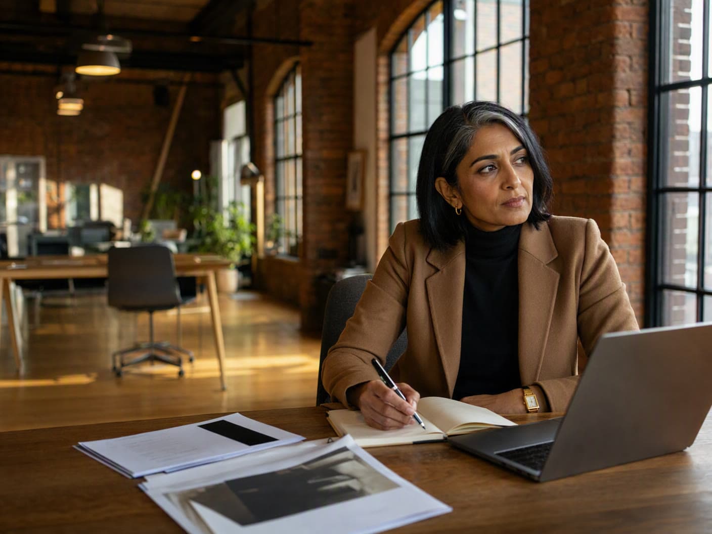 An owner at her desk in a brick-walled studio, pen in hand, laptop open, looking away from the screen while she thinks.