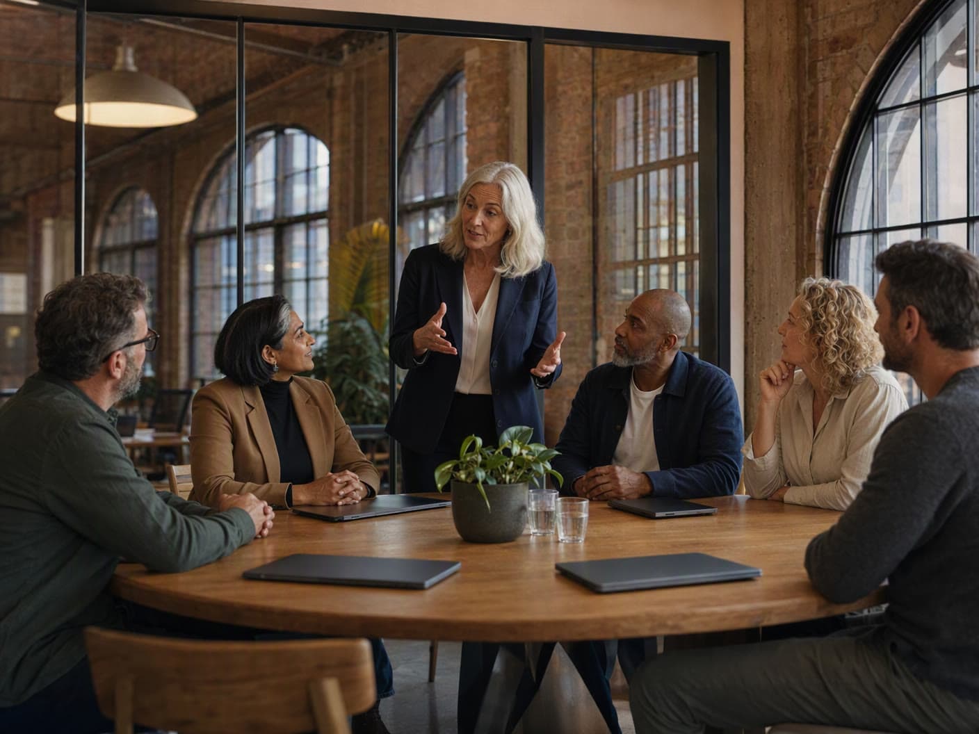 A peer advisory board in session: a chair standing at a round table, five owner-managers listening and taking part.